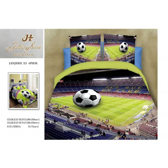 Lenjerie de Pat Dublu Bumbac Satinat 3D, 4 Piese, Model Stadion Fotbal și Minge, LSD-037 Lenjerii de Pat 3D