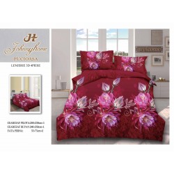Lenjerie de Pat Dublu Bumbac Satinat 3D, 4 Piese, Model Floral Bordo cu Flori Roz, LSD-041
