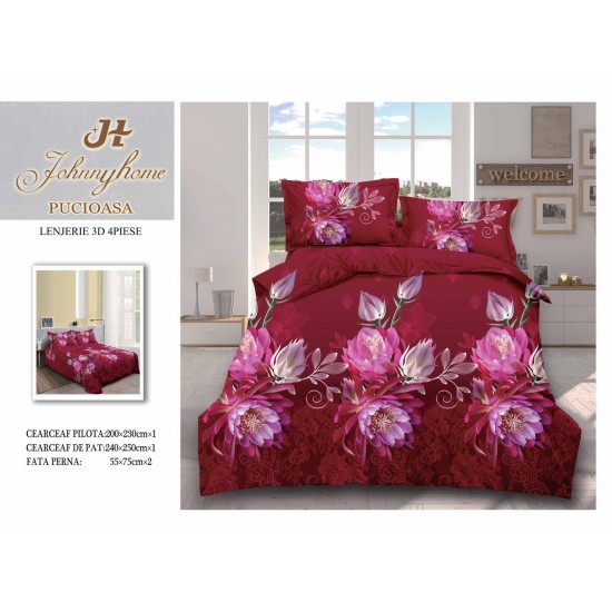 Lenjerie de Pat Dublu Bumbac Satinat 3D, 4 Piese, Model Floral Bordo cu Flori Roz, LSD-041 Lenjerii de Pat 3D