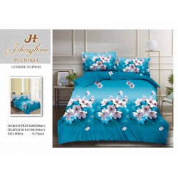 Lenjerie de Pat Dublu Bumbac Satinat 3D, 4 Piese, Model Floral Turcoaz cu Flori Albe, LSD-046