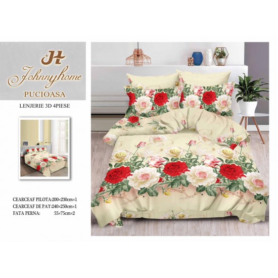 Lenjerie de Pat Dublu Bumbac Satinat 3D, 4 Piese, Model Floral Crem cu Trandafiri Roșii și Albi, LSD-048 Lenjerii de Pat 3D