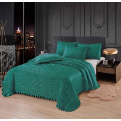 Cuvertură de Pat Dublu din Catifea cu Volane, 3 Piese, Verde Smarald, Model Geometric Matlasat, CCI-004