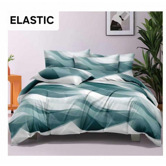 Set Lenjerie Pat Dublu Bumbac Satinat 4 Piese cu Cearșaf cu Elastic – Model Valuri Abstracte Verde Petrol și Alb, LES-062 3 lenjerii la 199 lei