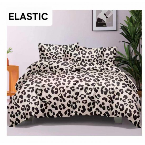 Set Lenjerie Pat Dublu Bumbac Satinat 4 Piese cu Cearșaf cu Elastic – Model Leopard Alb Negru, LES-061 3 lenjerii la 199 lei