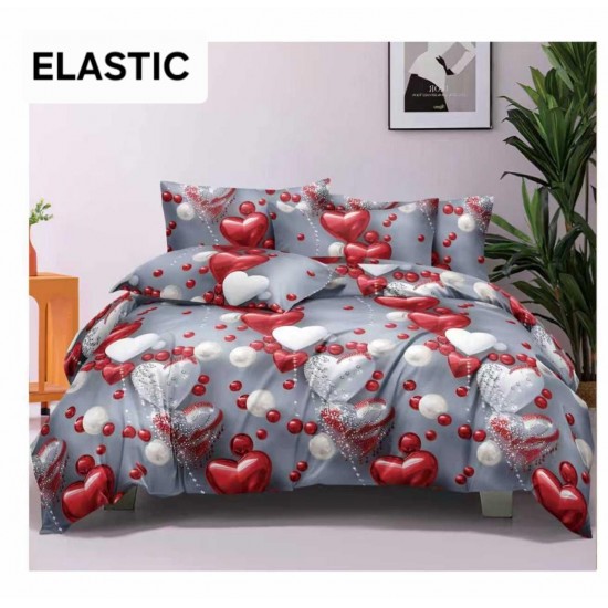 Set Lenjerie Pat Dublu Bumbac Satinat 4 Piese cu Cearșaf cu Elastic – Model Inimi Roșii 3D pe Gri, LES-060 3 lenjerii la 199 lei
