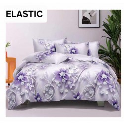 Set Lenjerie Pat Dublu Bumbac Satinat 4 Piese cu Cearșaf cu Elastic – Model Floral Mov și Gri, LES-059