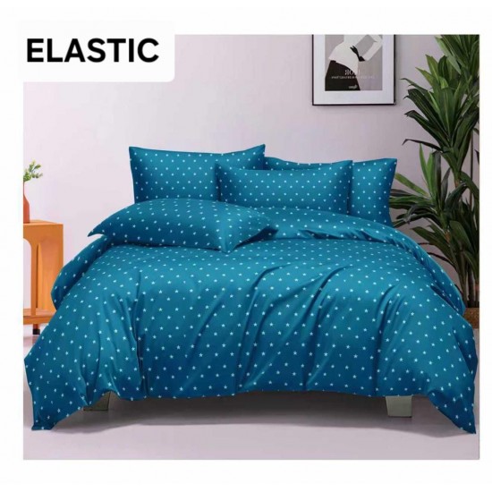 Set Lenjerie Pat Dublu Bumbac Satinat 4 Piese cu Cearșaf cu Elastic – Albastru Petrol cu Stelute Albe, LES-032 3 lenjerii la 199 lei