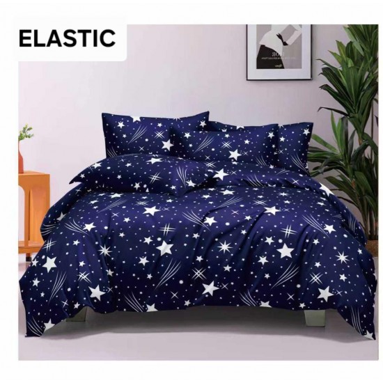 Set Lenjerie Pat Dublu Bumbac Satinat 4 Piese cu Cearșaf cu Elastic – Bleumarin cu Stelute Albe, LES-057 3 lenjerii la 199 lei