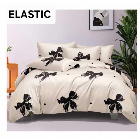 Set Lenjerie Pat Dublu Bumbac Satinat 4 Piese cu Cearșaf cu Elastic – Crem cu Funde Negre, LES-035 3 lenjerii la 199 lei
