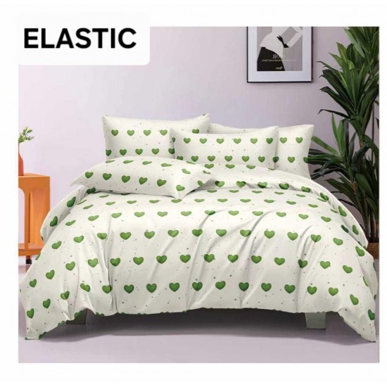 Set Lenjerie Pat Dublu Bumbac Satinat 4 Piese cu Cearșaf cu Elastic – Alb cu Inimioare Verzi, LES-037 3 lenjerii la 199 lei
