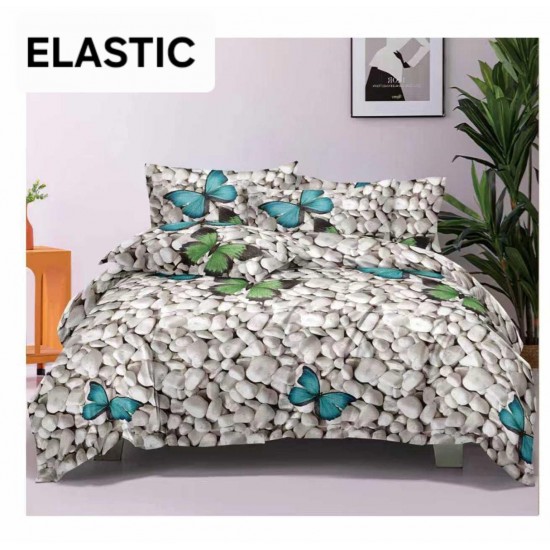 Set Lenjerie Pat Dublu Bumbac Satinat 4 Piese cu Cearșaf cu Elastic – Model Pietricele și Fluturi Albaștri, LES-039 3 lenjerii la 199 lei
