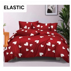 Set Lenjerie Pat Dublu Bumbac Satinat 4 Piese cu Cearșaf cu Elastic – Roșu cu Inimioare Albe, LES-040
