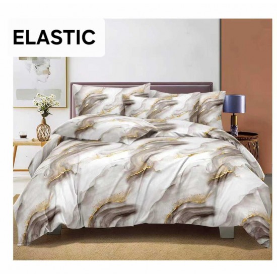 Set Lenjerie Pat Dublu Bumbac Satinat 4 Piese cu Cearșaf cu Elastic – Model Abstract Bej și Auriu, LES-041 3 lenjerii la 199 lei