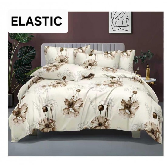 Set Lenjerie Pat Dublu Bumbac Satinat 4 Piese cu Cearșaf cu Elastic – Crem cu Flori Bej Elegante, LES-042 3 lenjerii la 199 lei