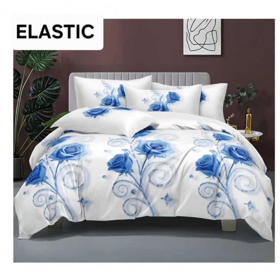 Set Lenjerie Pat Dublu Bumbac Satinat 4 Piese cu Cearșaf cu Elastic – Alb cu Trandafiri Albaștri, LES-043 3 lenjerii la 199 lei