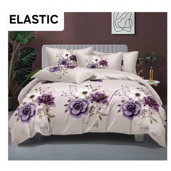 Set Lenjerie Pat Dublu Bumbac Satinat 4 Piese cu Cearșaf cu Elastic – Flori Mov pe Fundal Crem, LES-045 3 lenjerii la 199 lei