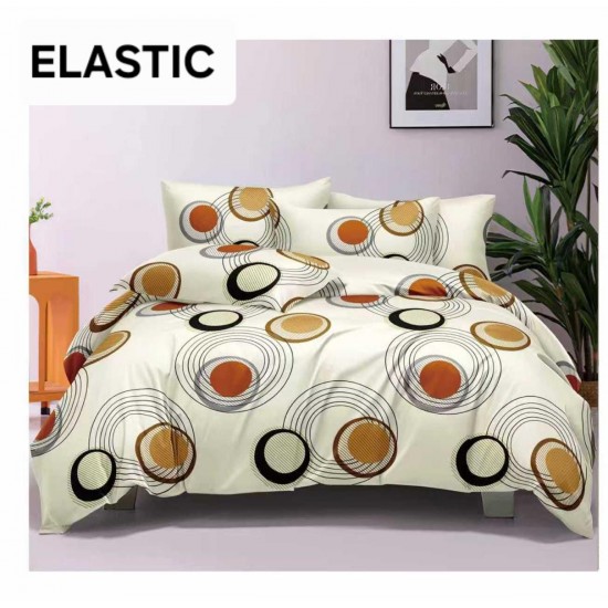 Set Lenjerie Pat Dublu Bumbac Satinat 4 Piese cu Cearșaf cu Elastic – Model Cercuri Abstracte Bej și Portocaliu, LES-047 3 lenjerii la 199 lei