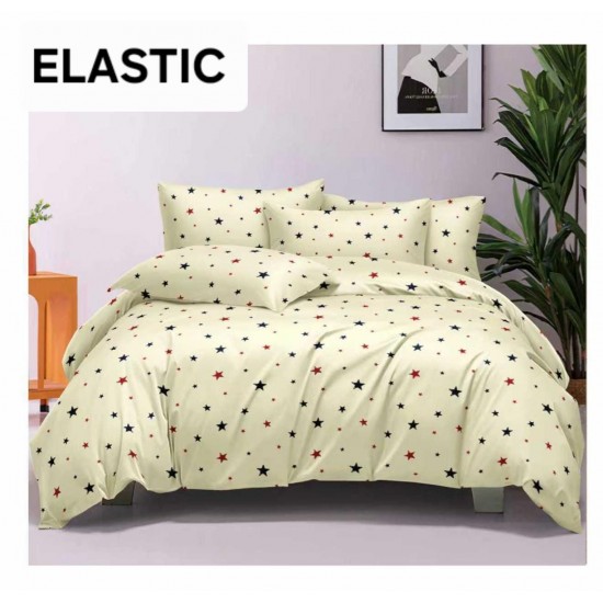 Set Lenjerie Pat Dublu Bumbac Satinat 4 Piese cu Cearșaf cu Elastic – Model Stelute Colorate pe Crem, LES-048 3 lenjerii la 199 lei