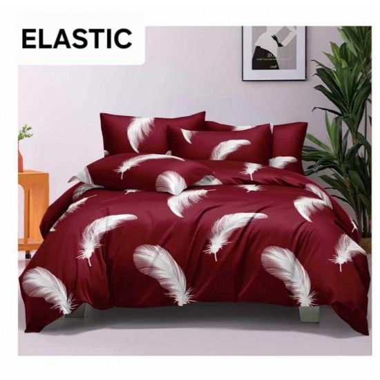 Set Lenjerie Pat Dublu Bumbac Satinat 4 Piese cu Cearșaf cu Elastic – Model Pene Albe pe Fundal Bordo, LES-054 3 lenjerii la 199 lei