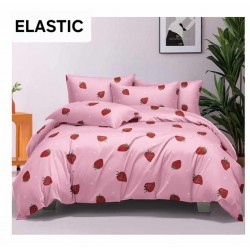 Set Lenjerie Pat Dublu Bumbac Satinat 4 Piese cu Cearșaf cu Elastic – Model Căpșuni Roz, LES-049