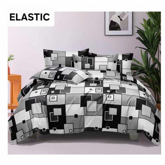 Set Lenjerie Pat Dublu Bumbac Satinat 4 Piese cu Cearșaf cu Elastic – Model Geometric Gri și Negru, LES-050 3 lenjerii la 199 lei