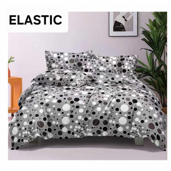 Set Lenjerie Pat Dublu Bumbac Satinat 4 Piese cu Cearșaf cu Elastic – Model Buline Gri și Negre, LES-051 3 lenjerii la 199 lei