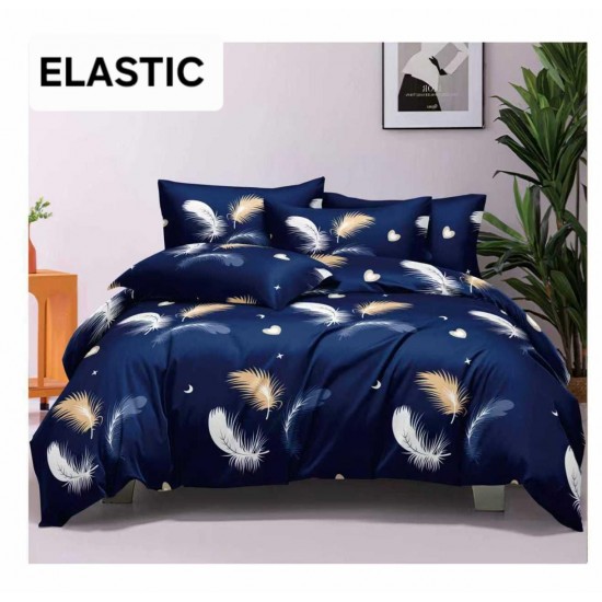 Set Lenjerie Pat Dublu Bumbac Satinat 4 Piese cu Cearșaf cu Elastic – Model Pene Albe și Aurii, Bleumarin, LES-052 3 lenjerii la 199 lei