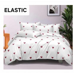 Set Lenjerie Pat Dublu Bumbac Satinat 4 Piese cu Cearșaf cu Elastic – Model Inimioare Roșii pe Fundal Alb, LES-053
