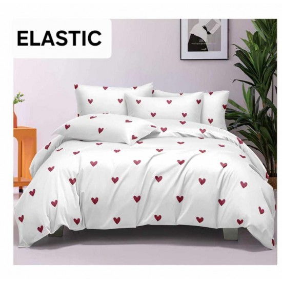 Set Lenjerie Pat Dublu Bumbac Satinat 4 Piese cu Cearșaf cu Elastic – Model Inimioare Roșii pe Fundal Alb, LES-053 3 lenjerii la 199 lei