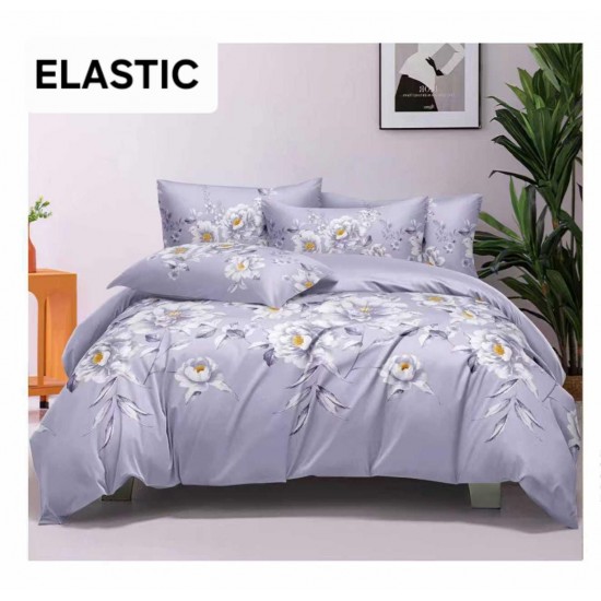 Set Lenjerie Pat Dublu Bumbac Satinat 4 Piese cu Cearșaf cu Elastic – Model Flori Albe pe Fundal Gri Deschis, LES-055 3 lenjerii la 199 lei