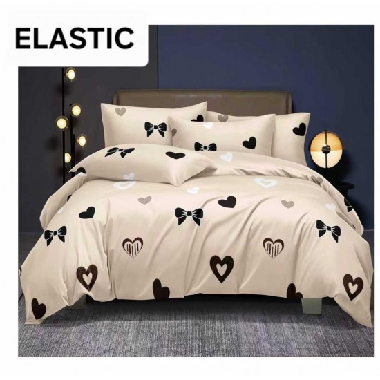 Set Lenjerie Pat Dublu Bumbac Satinat 4 Piese cu Cearșaf cu Elastic – Model Inimioare și Fundițe Negre, Crem, LES-056 3 lenjerii la 199 lei