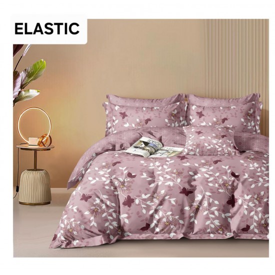 Set Lenjerie Bumbac Satinat 4 Piese Pat Dublu cu Cearșaf cu Elastic – Model Floral Roz Pudrat cu Fluturi, LDBS-332 3 lenjerii la 199 lei