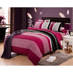 Lenjerie de Pat Dublu 4 Piese din Bumbac Satinat Superior – Model Dungi Fucsia, Negru și Alb, LDBS-282