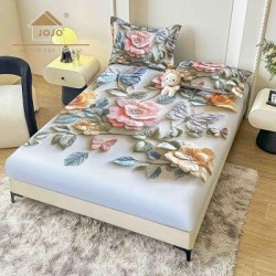 Set Husă de Pat cu Elastic 160x200 cm + 2 Fețe de Pernă 50x70 cm din Bumbac Finet – Model Flori Pastel 3D, HDF-227