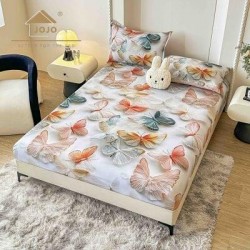 Set Husă de Pat cu Elastic 160x200 cm + 2 Fețe de Pernă 50x70 cm din Bumbac Finet – Model Fluturi Pastel 3D, HDF-230