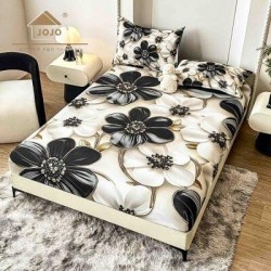 Set Husă de Pat cu Elastic 160x200 cm + 2 Fețe de Pernă 50x70 cm din Bumbac Finet – Model Flori Alb-Negru 3D, HDF-231