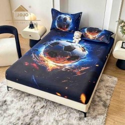 Set Husă de Pat cu Elastic 160x200 cm + 2 Fețe de Pernă 50x70 cm din Bumbac Finet – Model Minge de Fotbal 3D, HDF-233
