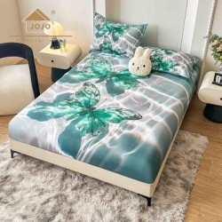 Set Husă de Pat cu Elastic 160x200 cm + 2 Fețe de Pernă 50x70 cm din Bumbac Finet – Model Fluturi Verzi 3D, HDF-025