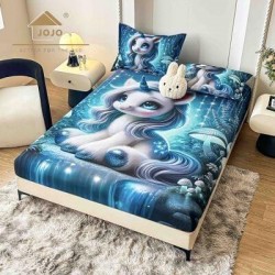 Set Husă de Pat cu Elastic 160x200 cm + 2 Fețe de Pernă 50x70 cm din Bumbac Finet – Model Unicorn Albastru 3D, HDF-026