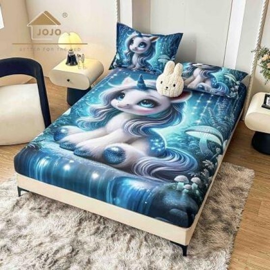Set Husă de Pat cu Elastic 160x200 cm + 2 Fețe de Pernă 50x70 cm din Bumbac Finet – Model Unicorn Albastru 3D, HDF-026 Huse Finet 160x200cm
