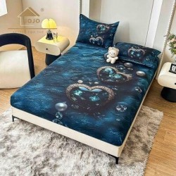 Set Husă de Pat cu Elastic 160x200 cm + 2 Fețe de Pernă 50x70 cm din Bumbac Finet – Inimi Albastre și Fluturi 3D, HDF-028
