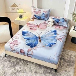 Set Husă de Pat cu Elastic 160x200 cm + 2 Fețe de Pernă 50x70 cm din Bumbac Finet – Fluturi Albastru și Roz 3D, HDF-033