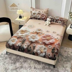Set Husă de Pat cu Elastic 160x200 cm + 2 Fețe de Pernă 50x70 cm din Bumbac Finet – Model Flori Bej și Crem 3D, HDF-044