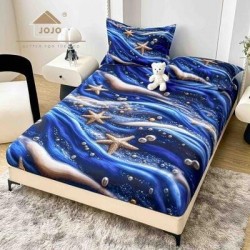 Set Husă de Pat cu Elastic 160x200 cm + 2 Fețe de Pernă 50x70 cm din Bumbac Finet – Marin cu Stele de Mare 3D, HDF-049