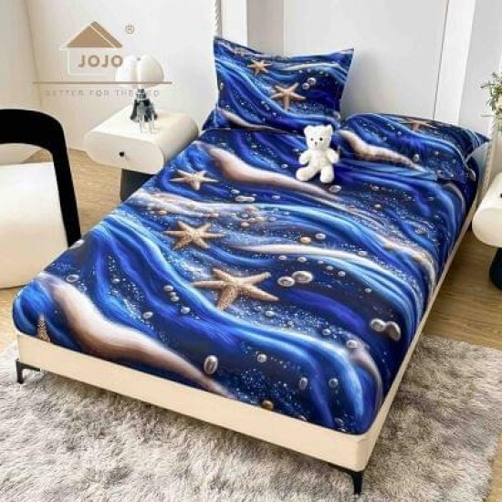 Set Husă de Pat cu Elastic 160x200 cm + 2 Fețe de Pernă 50x70 cm din Bumbac Finet – Marin cu Stele de Mare 3D, HDF-049 Huse Finet 160x200cm