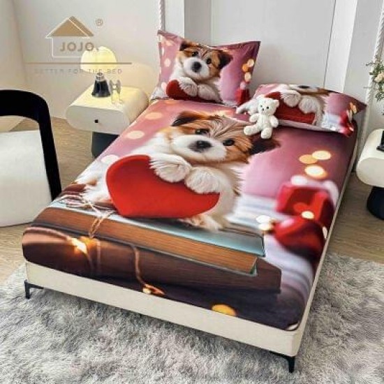 Set Husă de Pat cu Elastic 160x200 cm + 2 Fețe de Pernă 50x70 cm din Bumbac Finet – Cățeluș cu Inimă Roșie 3D, HDF-050 Huse Finet 160x200cm