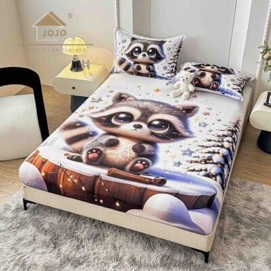 Set Husă de Pat cu Elastic 160x200 cm + 2 Fețe de Pernă 50x70 cm din Bumbac Finet – Raton Drăgălaș de Iarnă 3D, HDF-051 Huse Finet 160x200cm