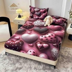Set Husă de Pat cu Elastic 160x200 cm + 2 Fețe de Pernă 50x70 cm din Bumbac Finet – Model Inimi Roz 3D, HDF-052