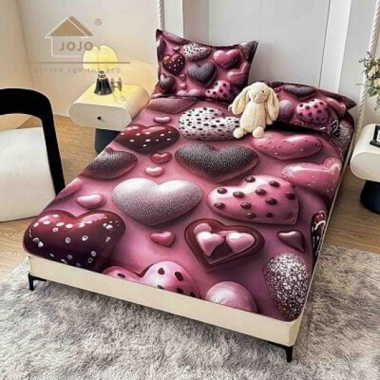 Set Husă de Pat cu Elastic 160x200 cm + 2 Fețe de Pernă 50x70 cm din Bumbac Finet – Model Inimi Roz 3D, HDF-052 Huse Finet 160x200cm