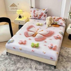 Set Husă de Pat cu Elastic 160x200 cm + 2 Fețe de Pernă 50x70 cm din Bumbac Finet – Model Fluturi Roz 3D, HDF-053